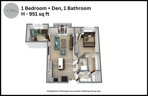 a stylized floor plan of a 1 bedroom unit with a bathroom